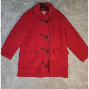 LL Bean Womens Red Wool Toggle Duffle Coat Hooded Thinsulate Petite Medium 0RK54